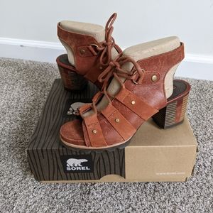 Sorel Addington Brown Cordovan Women's Lace Up Heel Sandal Shoes